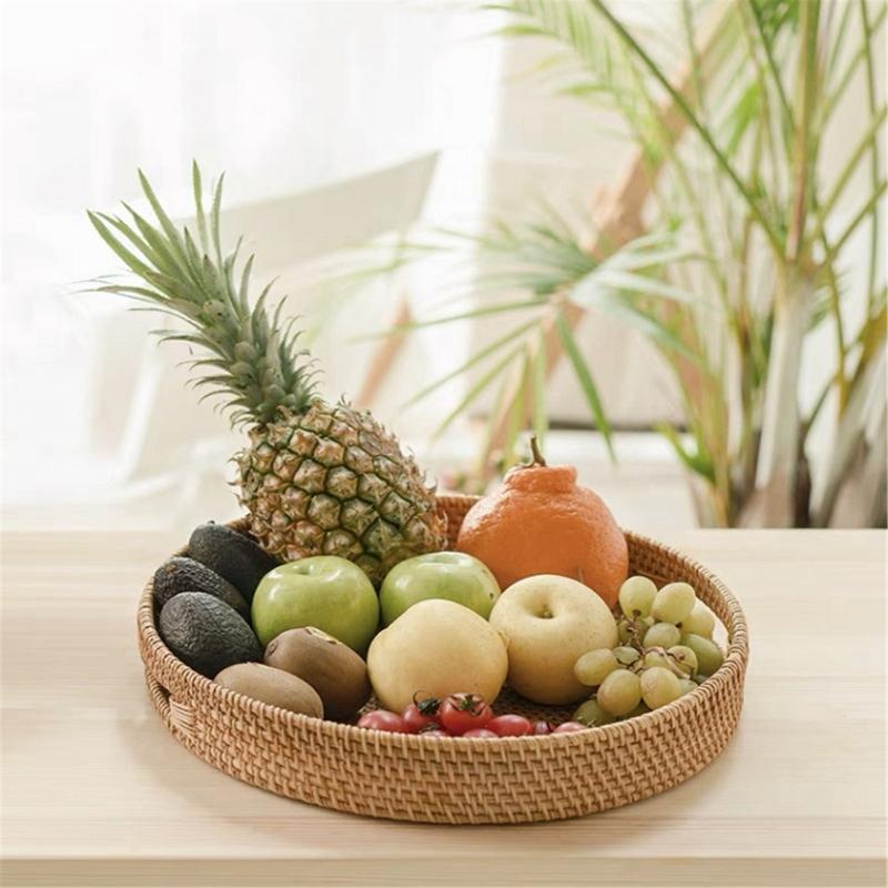 Multipurpose Handcrafted Fruit Rattan Tray Round Wicker Designs with Convenient Handles Convenient for Kitchen Use