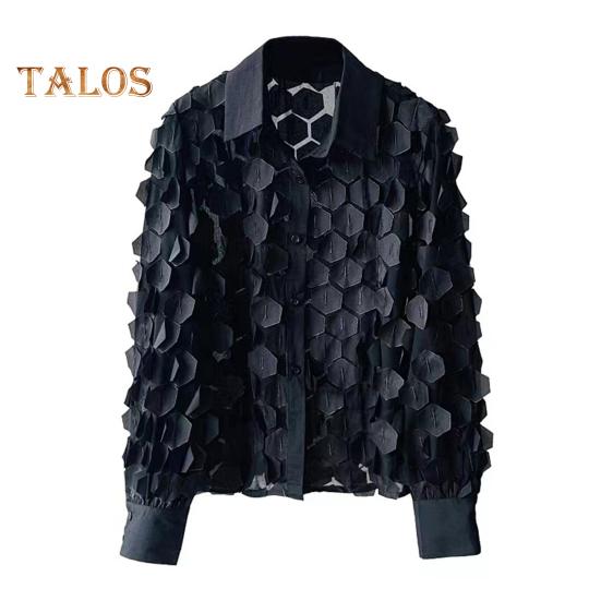 Women Summer Chiffon Shirt Lapel Lantern Long Sleeve Shirt Tops 3D Floral Print Semi-Sheer Mesh Splicing Single Breasted Blouse