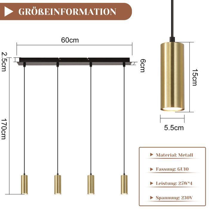 Lampe suspendue - NETTLIFE - Modèle 170x60 - 4x GU10 - Métal noir - Scandinave/Moderne