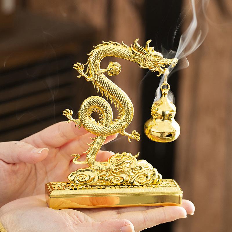Chinese Feng Shui Golden Dragon Incense Burners with Hulu Fragrance Plate Auspicious Animal Statue Home Office Meditation Decor