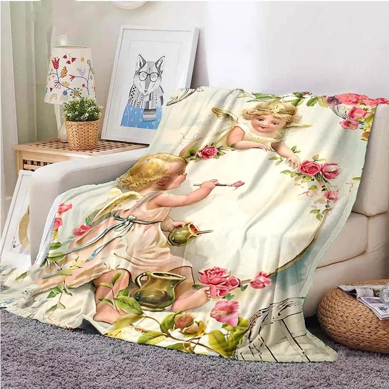 Cartoon Little Angel Pattern Printed Blanket for Travel Camping Living Room Office Conditioning Blanket for All Seasons Gifts
