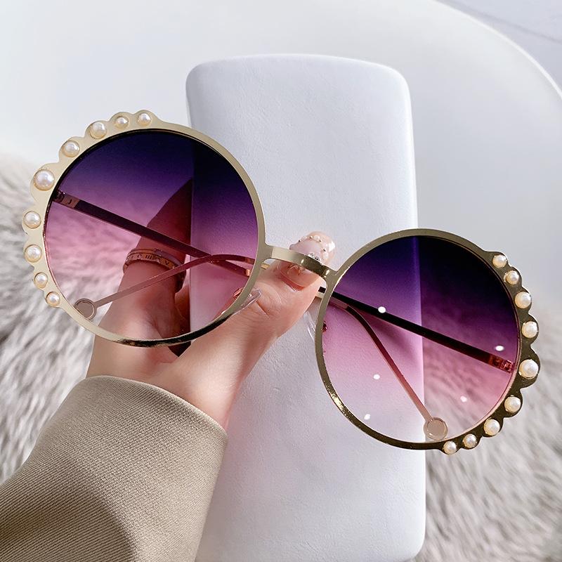 Flower Border Pearl Glasses Personality Hip Hop Funny Sunglasses Round Frame Metal Sunglasses