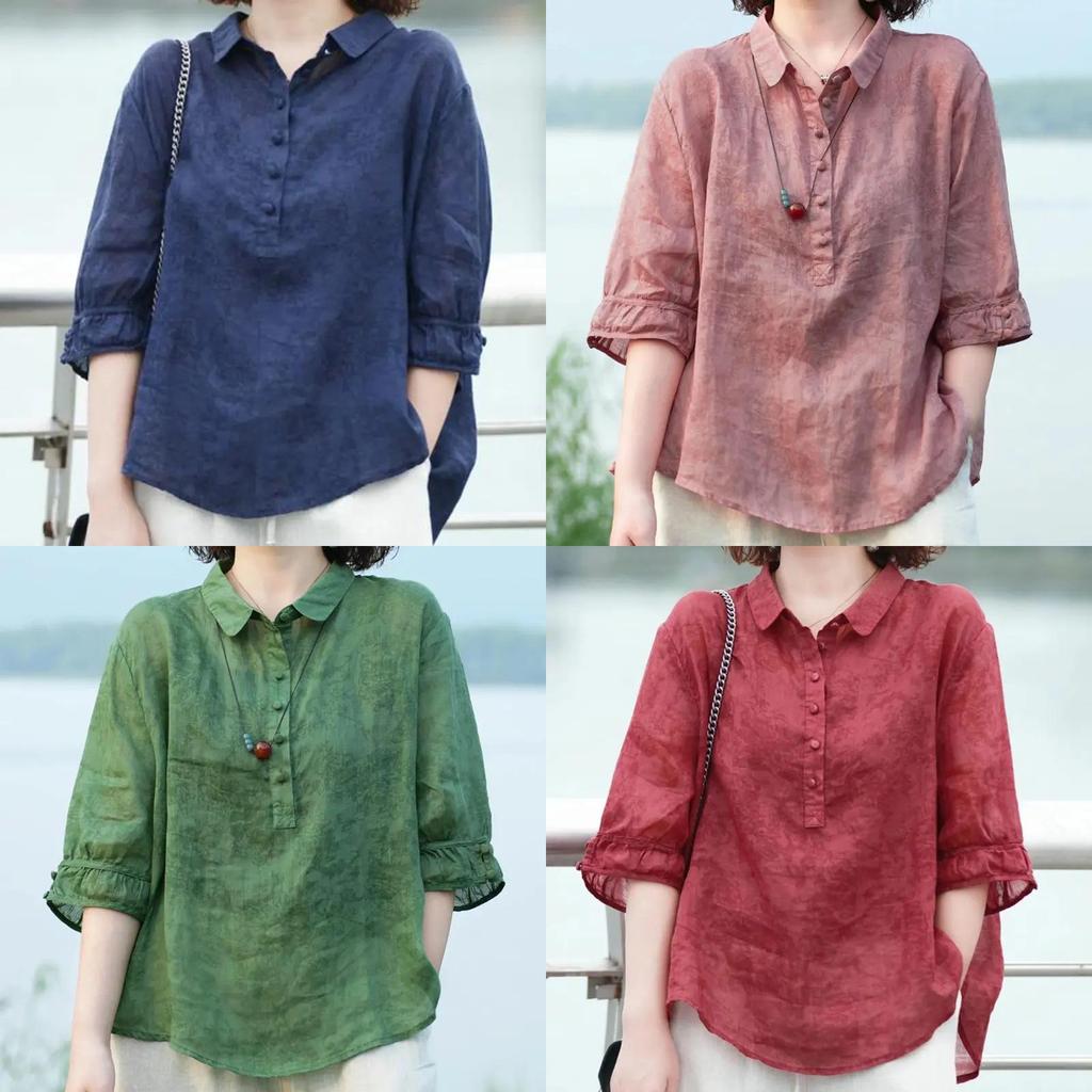 Vintage Floral Print Polo Neck Shirt For Women Summer Casual Loose Fit Blouse