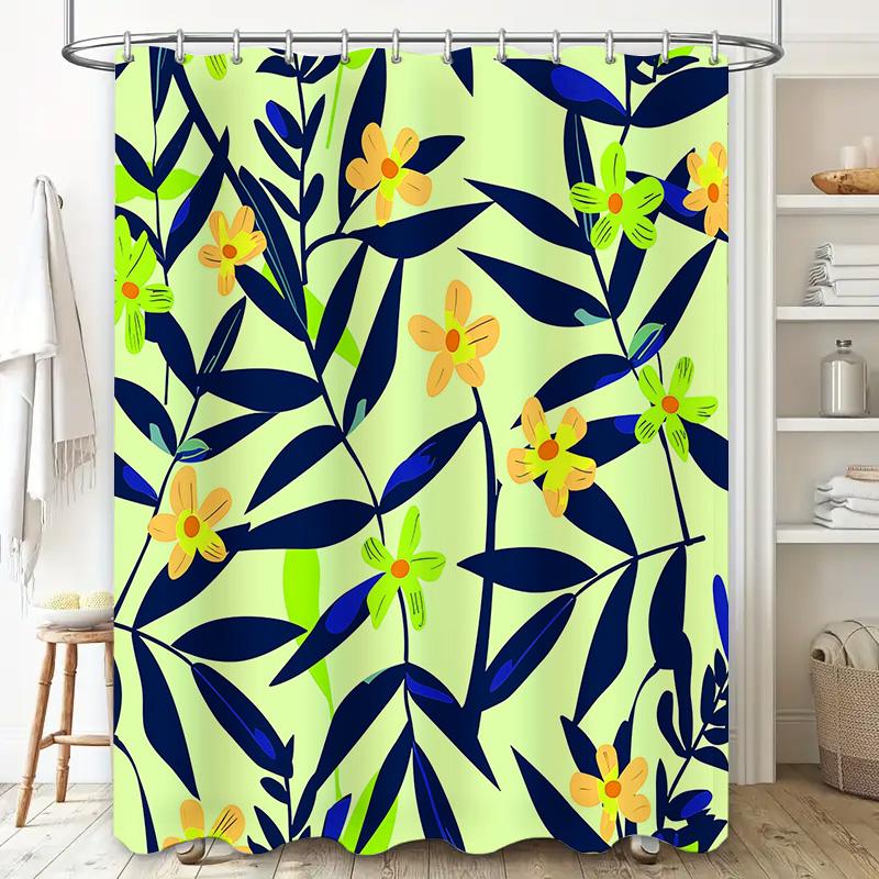 Modern Floral Print Shower Curtain Soft Fabric Waterproof Bathroom Decor For Home Living Room Lime Green Yellow Orange Navy Blue