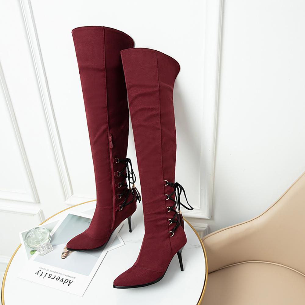 

Wine Red Black Women Over the Knee High Boots Pointed Toe High Stieltto Heels Small Big Size 32 48 39 вина червоного кольору