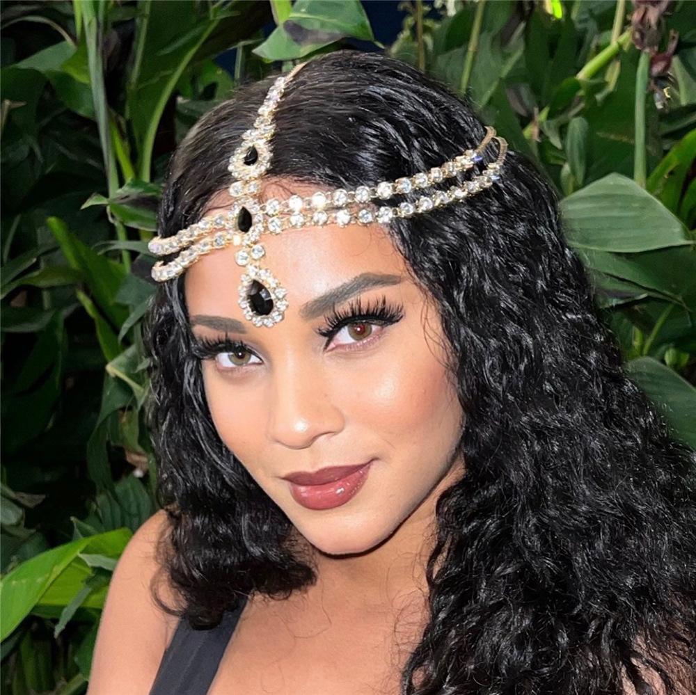 Cross-Border Hot Multi-Layer Rhinestone Black Water Drop Pendant Head Chain for Women Fashion Crystal Forehead Lace Hair