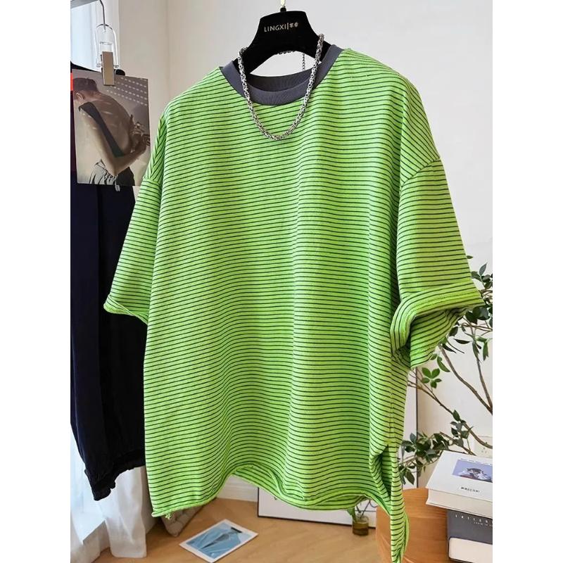 

Unisex Green Striped Oversized T-Shirt Short Sleeve Fit Casual Fashion Loose Top L зелений