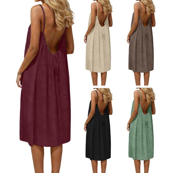 Vestito Cami Senza Schiena da Donna Estivo Senza Maniche Abito da Spiaggia con Spalline Sottili Ampio Svolazzante con Laccio sulla Schiena
