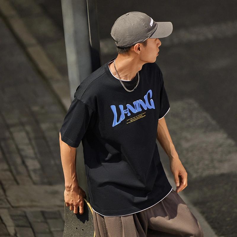Li-Ning Sports Life Series Letter Print Loose Round Neck Short Sleeve T-Shirt Men Tops Black AHST761-1