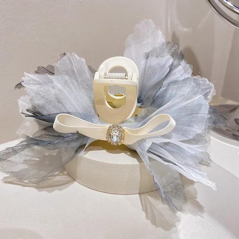 Women Fashion Diamond Inlaid Fairy Gauze Bow Acrylic Hair Clip Korean Cute Temperament Hair Accessories Girl Heart Accessory