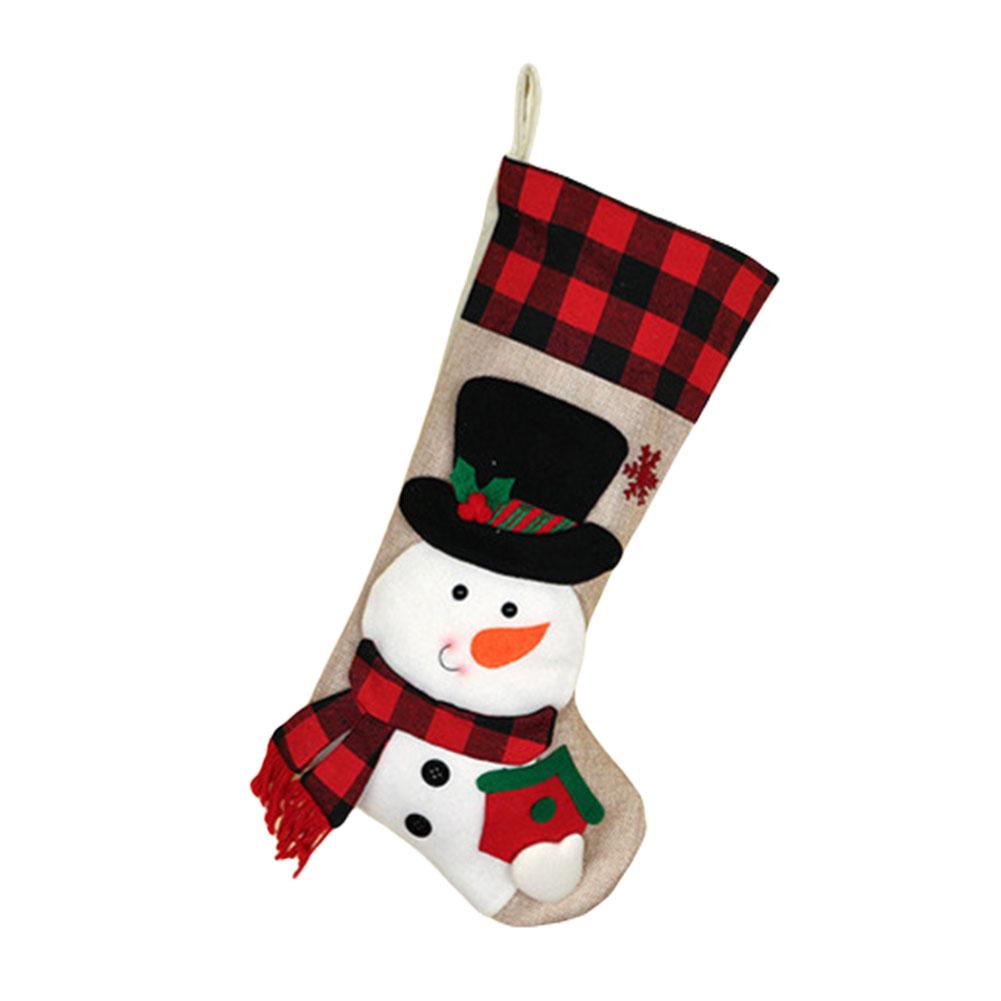 

Plaid Christmas Stocking 19 Inch Hanging with Plush Snowman Deer Santa Penguin Biscuit for Holiday Decoration and Gifts