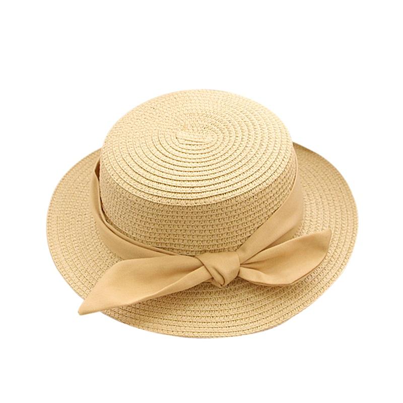 

Детские соломенные шляпы от солнца с французским бантом, детские летние пляжные шляпы для девочек 50-52-54 см, детские шапки с плоским козырьком, защита от солнца Head circumference 54cm