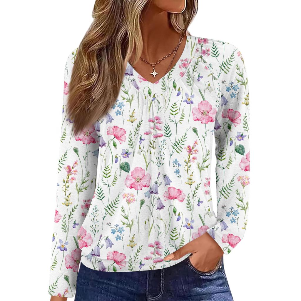 Women's Casual Fashion V-Neck Raglan Pleated Floral Print Long Sleeve Top