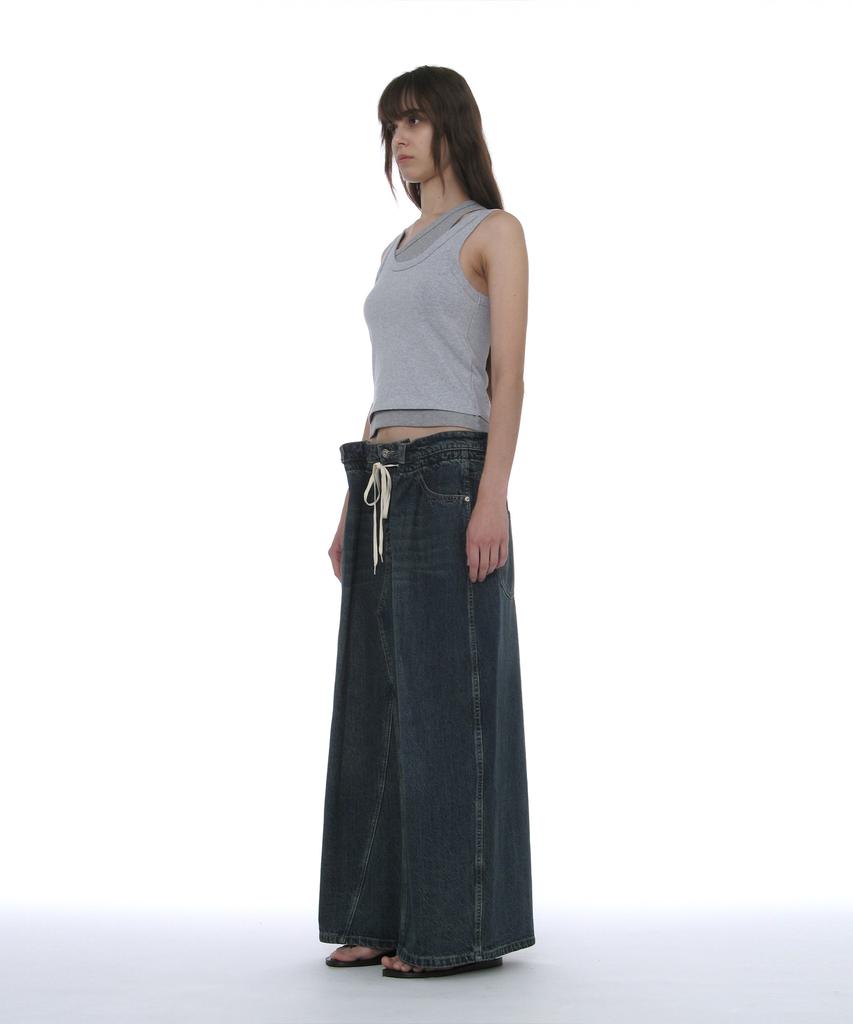 Partimento Woman Drawstring Denim Maxi Skirt_Dark Blue