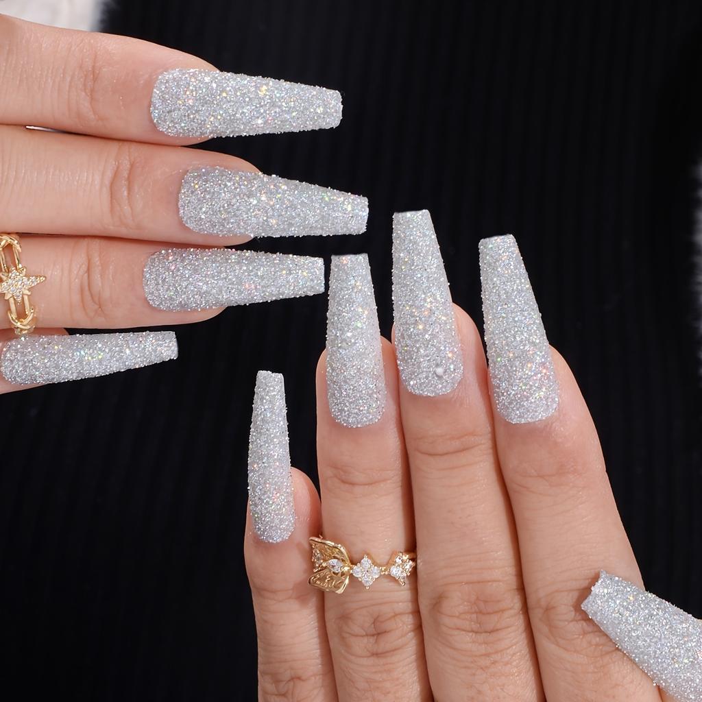 Dlouhé umělé nehty 24 ks, Třpytivé umělé nehty, Glamour nalepovací nehty pro ženy a dívky