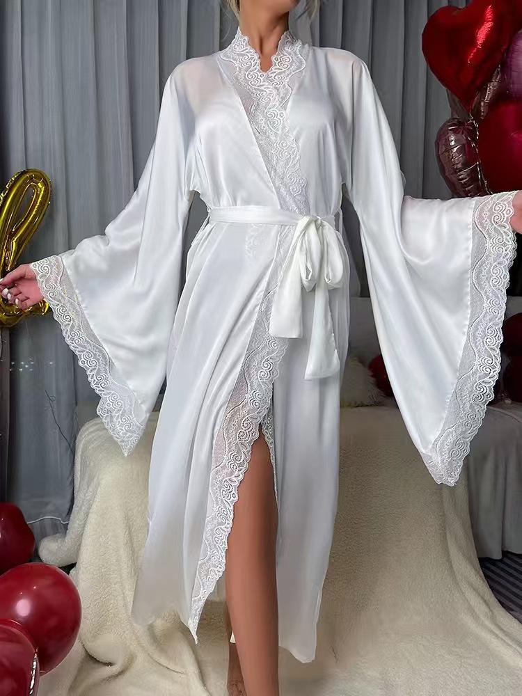 Elegant Black Lace-Trim Plus Size Robe with Belt – European & American Style Nightgown