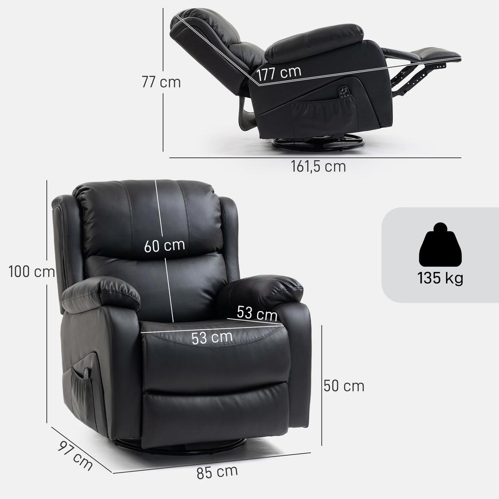 Massage Chair, Heat & Reclining Function, Faux Leather, Up To 150kg, 97x92x104cm, Black