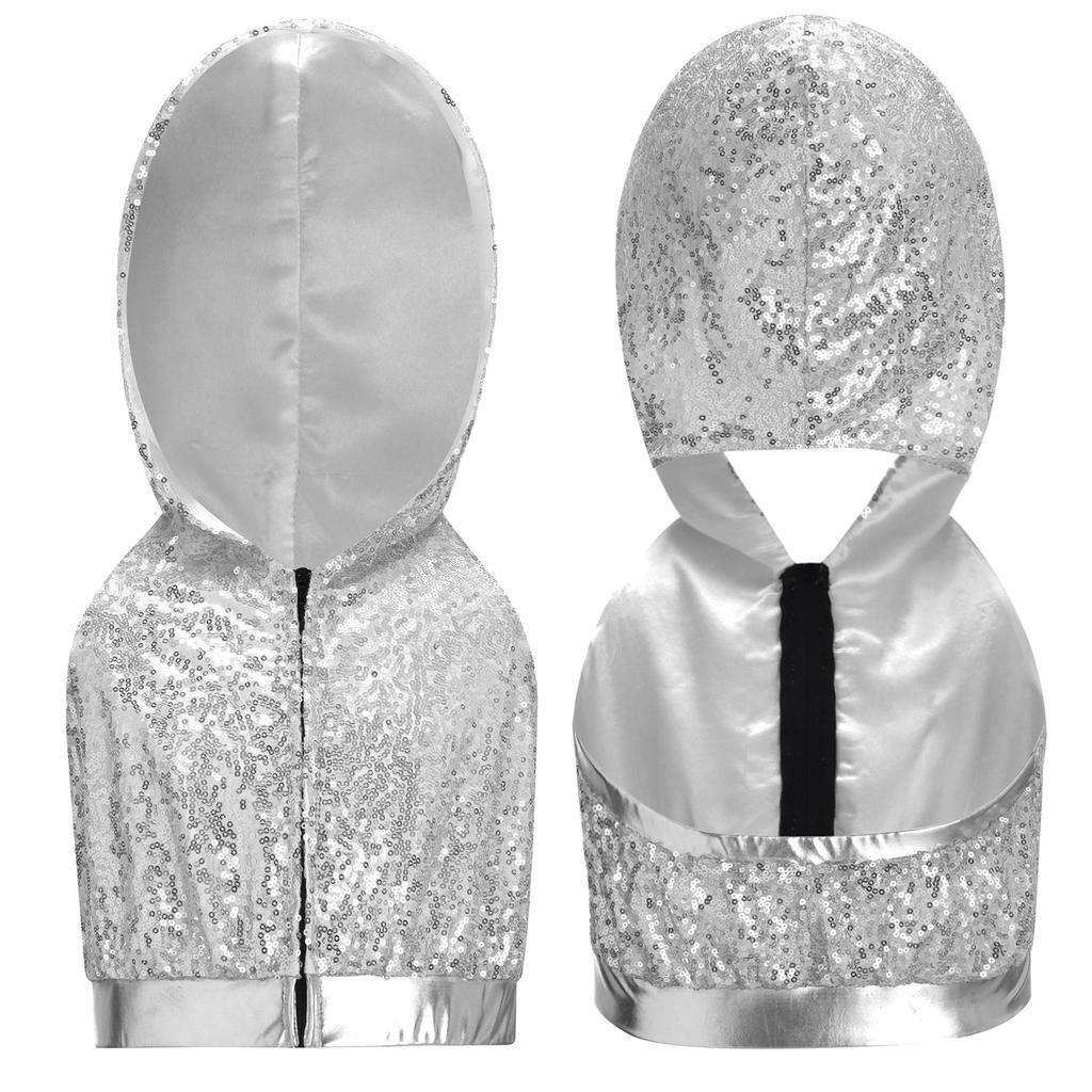Sparkling Sequins Hip-Hop Jazz Top: Sleeveless Backless Hooded Crop Top with Front Zipper for Stage Dance Costume