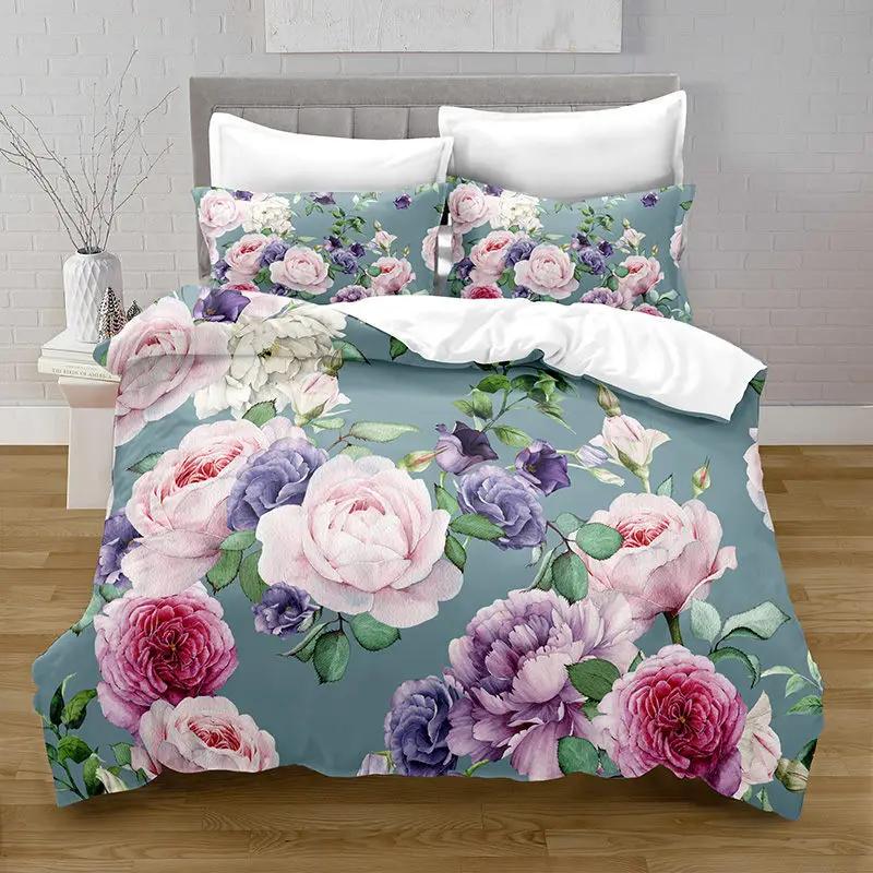 Floral Duvet Cover Set King Queen Lovely Red Pink Flowers and Green Leaf Polyester Bedding Set for Girls Women Black Multicolor