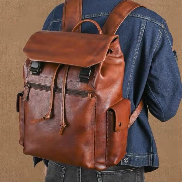 Retro first-layer cowhide backpack hand-polished genuine leather casual large-capacity travel backpack vegetable tanned leather computer bag