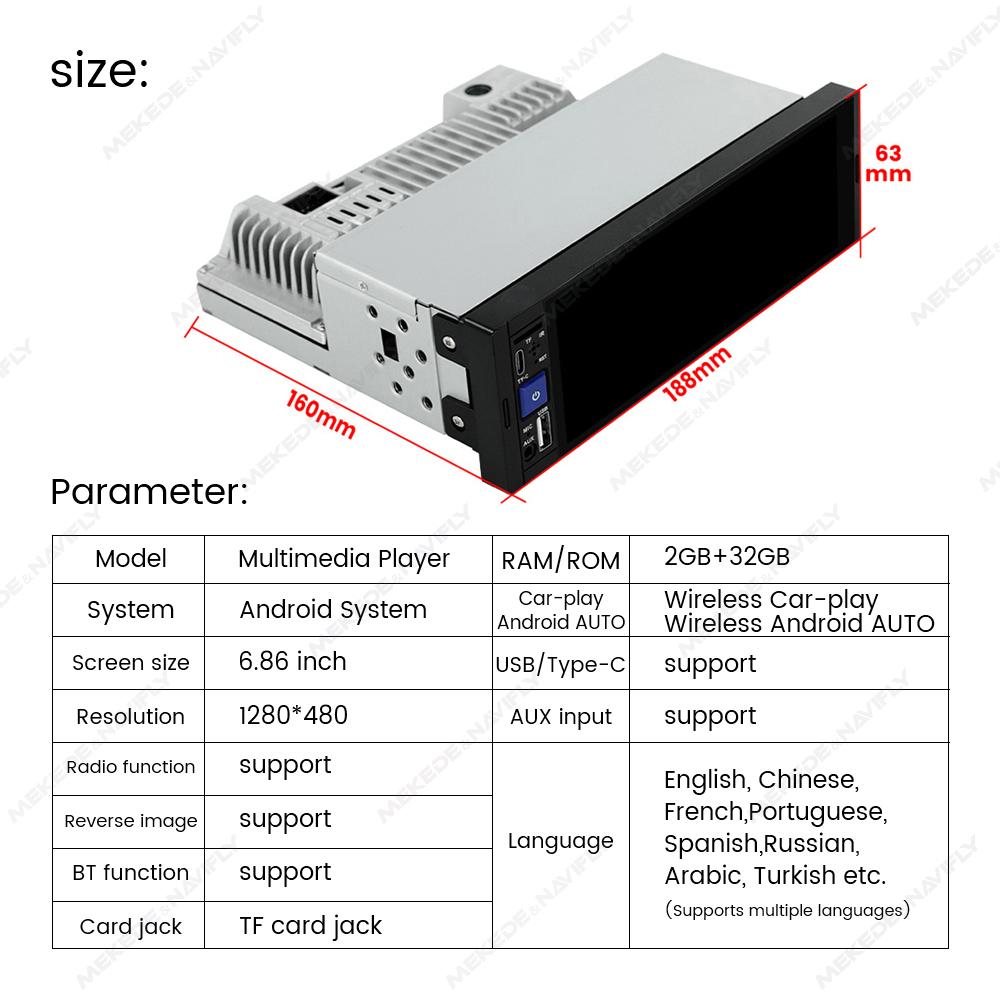 Navifly 6.86" HD Touch Screen Android 2G+32G Universal 1Din Car Radio Stereo Multimedia Automotivo Wireless Carplay Android Auto