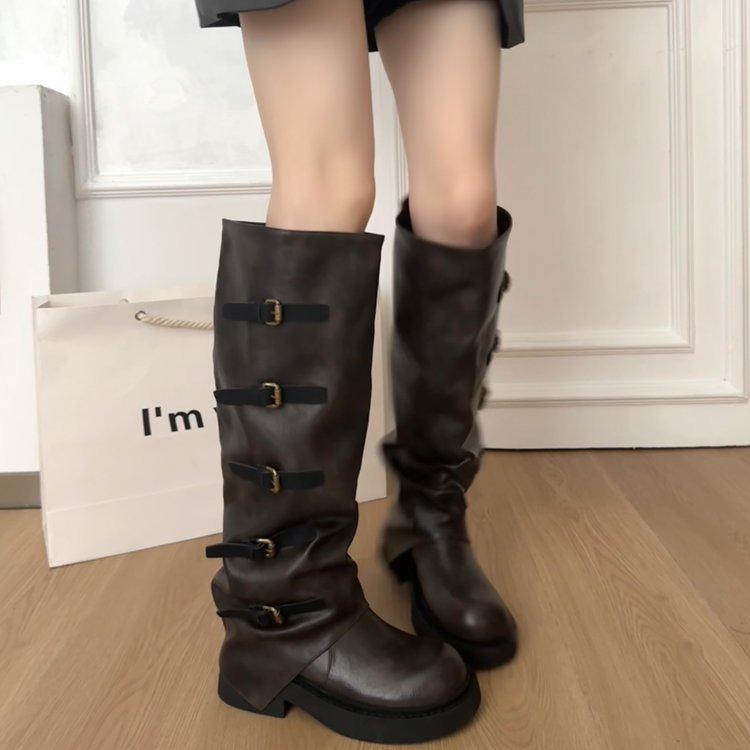 Punk Wasteland~ Tall Knight Boots Long Boots 2025 Autumn and Winter New Retro Pile Boots Fleece Pants Tube Boots Women