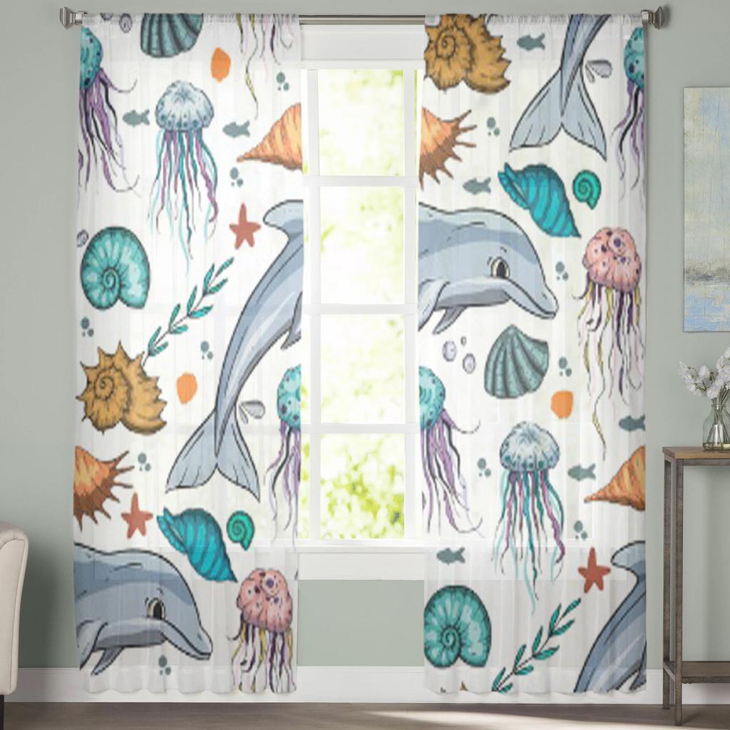 Ocean Animals Dolphin Jellyfish Tulle Curtains For Living Room Kitchen Window Drapes Home Decor Sheer Curtain For Kids Bedroom