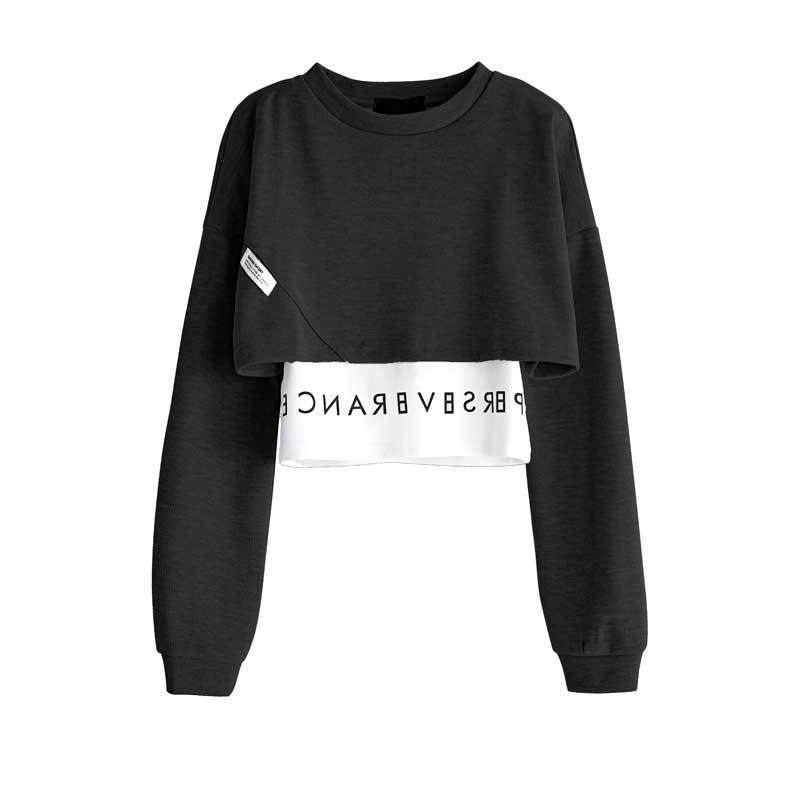 Korean Fake Two Piece Long Sleeve Black Tops All Season Patchwork Streetwear T Shirts
