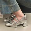 French Style Height-enhancing Silver Bow Design Thick-heeled Lizhen Shoes for Women  2025  New Spring Retro Ballet Pumps