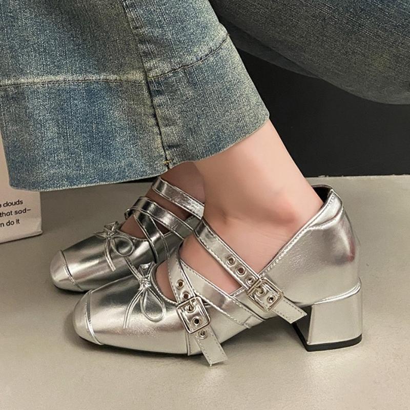 French Style Height-enhancing Silver Bow Design Thick-heeled Lizhen Shoes for Women  2025  New Spring Retro Ballet Pumps