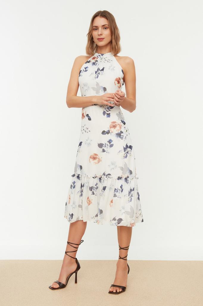 Women's Fashion New Dress Orange Floral Pattern A-Line Halter Neck Lined Midi Woven Dress