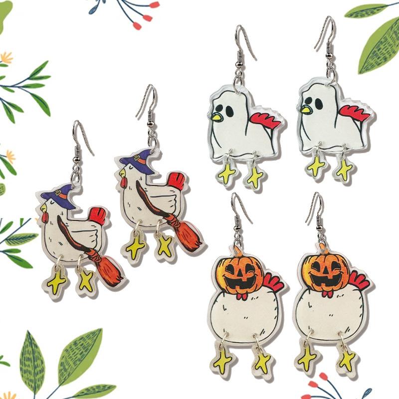 New Funny Chicken Ghost Face Pumpkin Witch Hat Pendant Acrylic Women's Earrings
