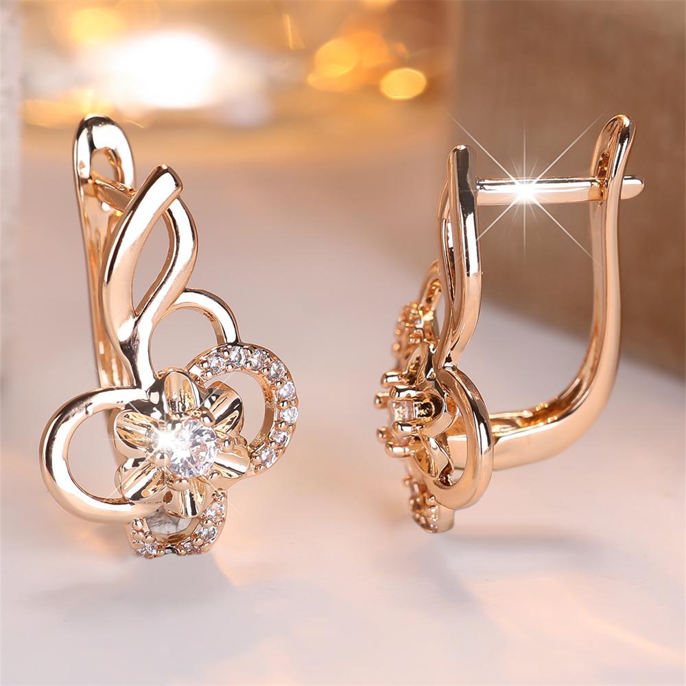 Round Stone White Zircon Hollow Flower Hoop Earrings For Women Vintage Gold Color Small Ear Buckle Wedding Jewelry Gifts