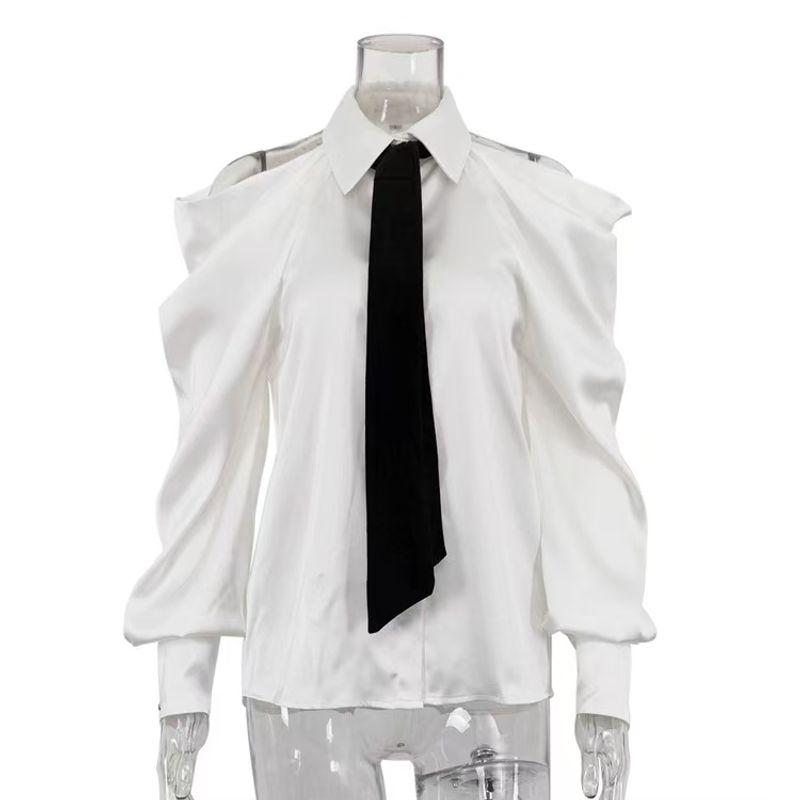 

European and American Fashion High-Grade off-Shoulder Top Temperament Long sleeve Tie Shirts off Shoulder Tie Shirt White L