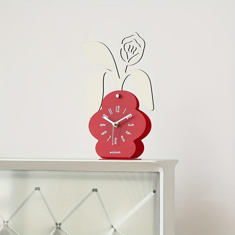 Floral Desktop Clock , Silent Non Ticking Battery Operated, Artificial Wood with Deep Brown Base , White Floral Design, Irregular Shape for Bedroom