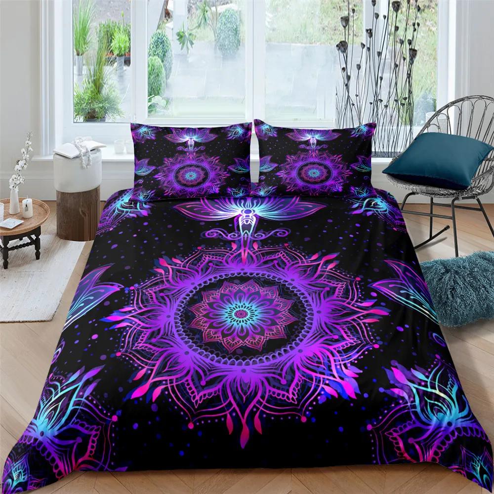 2/3dílná Sada na postel Bohemian Lotus Sada povlaku na přikrývku Mandala Květinový povlak na přikrývku Pro dospělé Černá Polyesterová sada ložního prádla Queen King Twin Pro teenagery