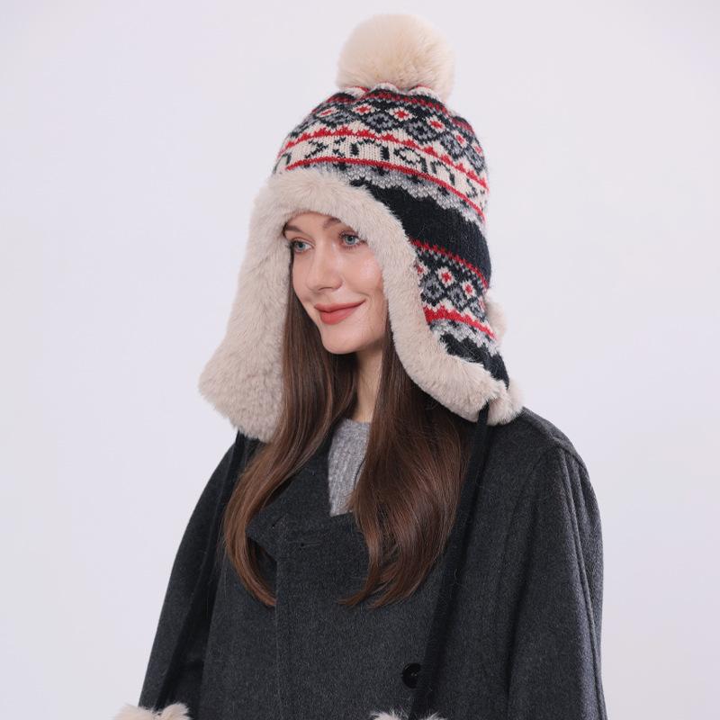 Wool Hat Women's New Winter Jacquard Knitted Hat Warm and Cold Ear Protection Hairball