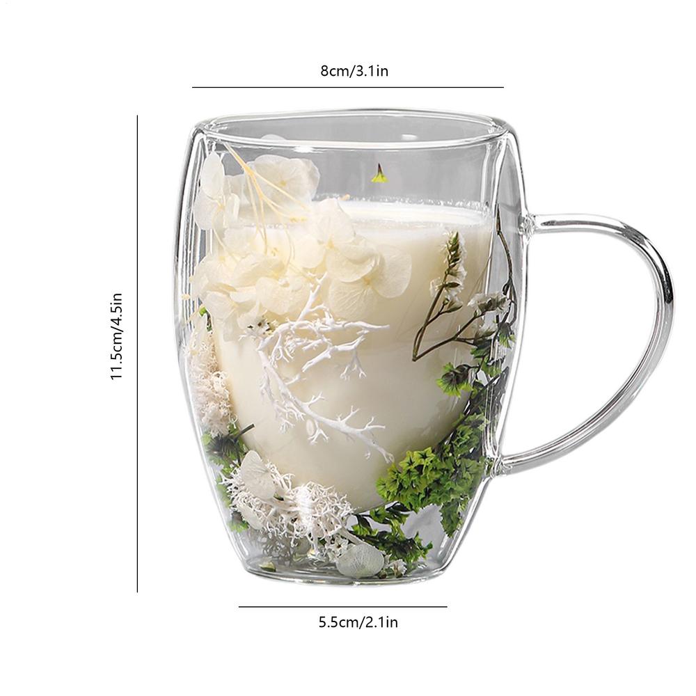 Dried Flower Double Walled Glass Mug 350ml Coffee Mug with Dry Flowers Decorative and Creative Flower Mug Double Wall Flower Cup
