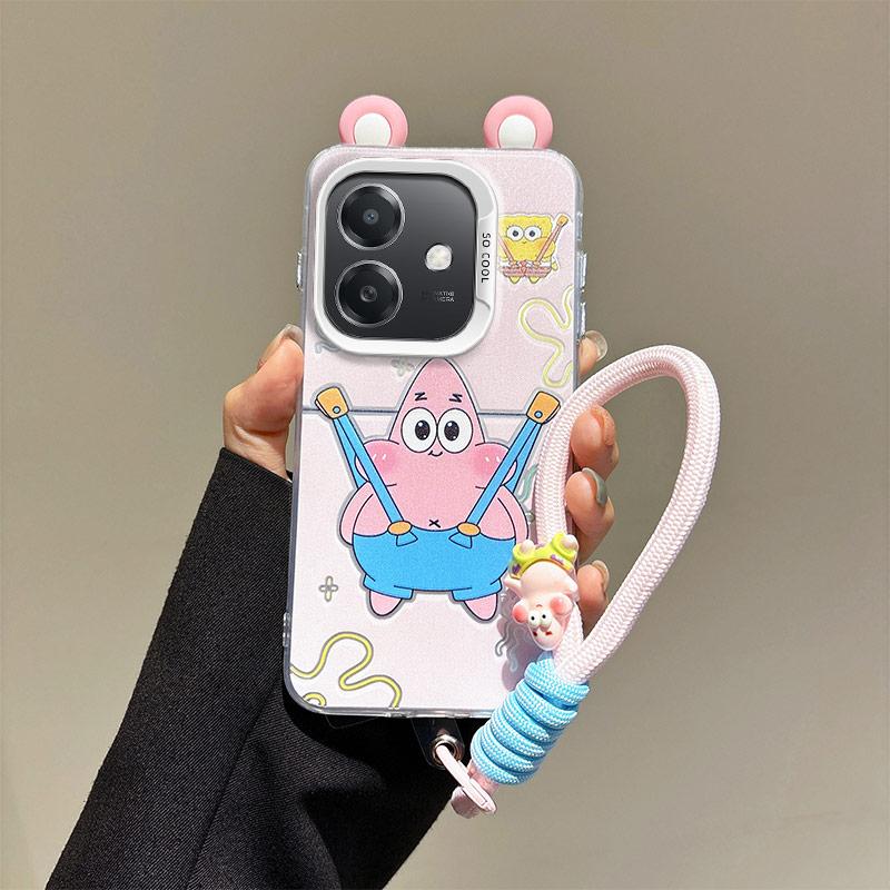 KEYSION Cute Ear Cartoon Case for OPPO A3 A3X 5G A5i with Lanyard Soft Silicone+PC Shockproof Phone Cover for OPPO A40 A40m