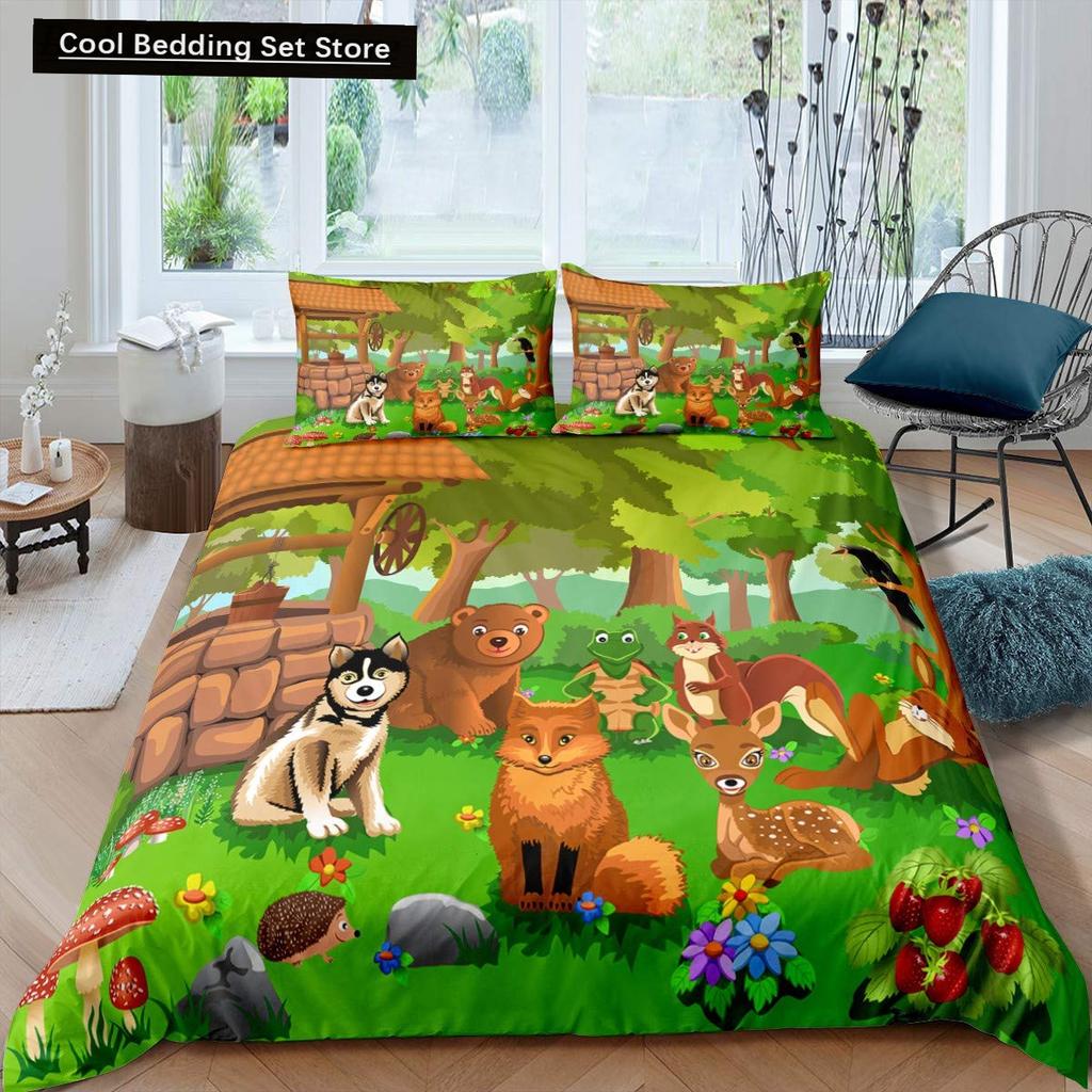 Kids Cartoon Animal Zebra Giraffe Fox Kangaroo King Queen Duvet Cover Boy Girl Rabbit Wildlife Bedding Set Polyester Quilt Cover
