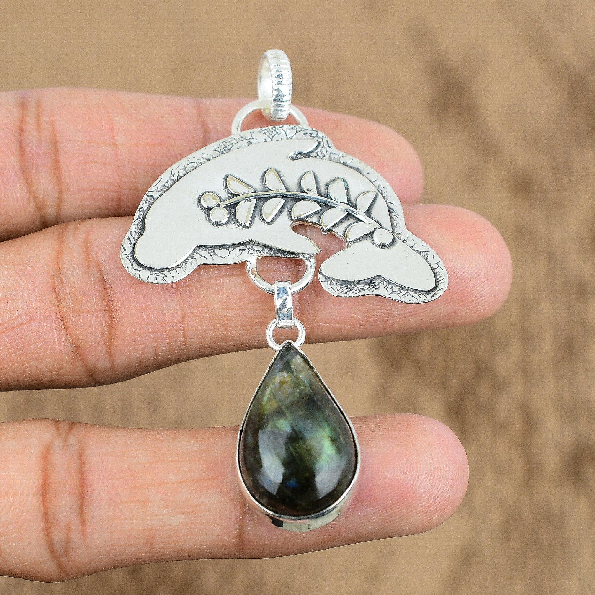 

Natural Labradorite Gemstone Pendant Fish 925 Sterling Silver Jewelry For Girls