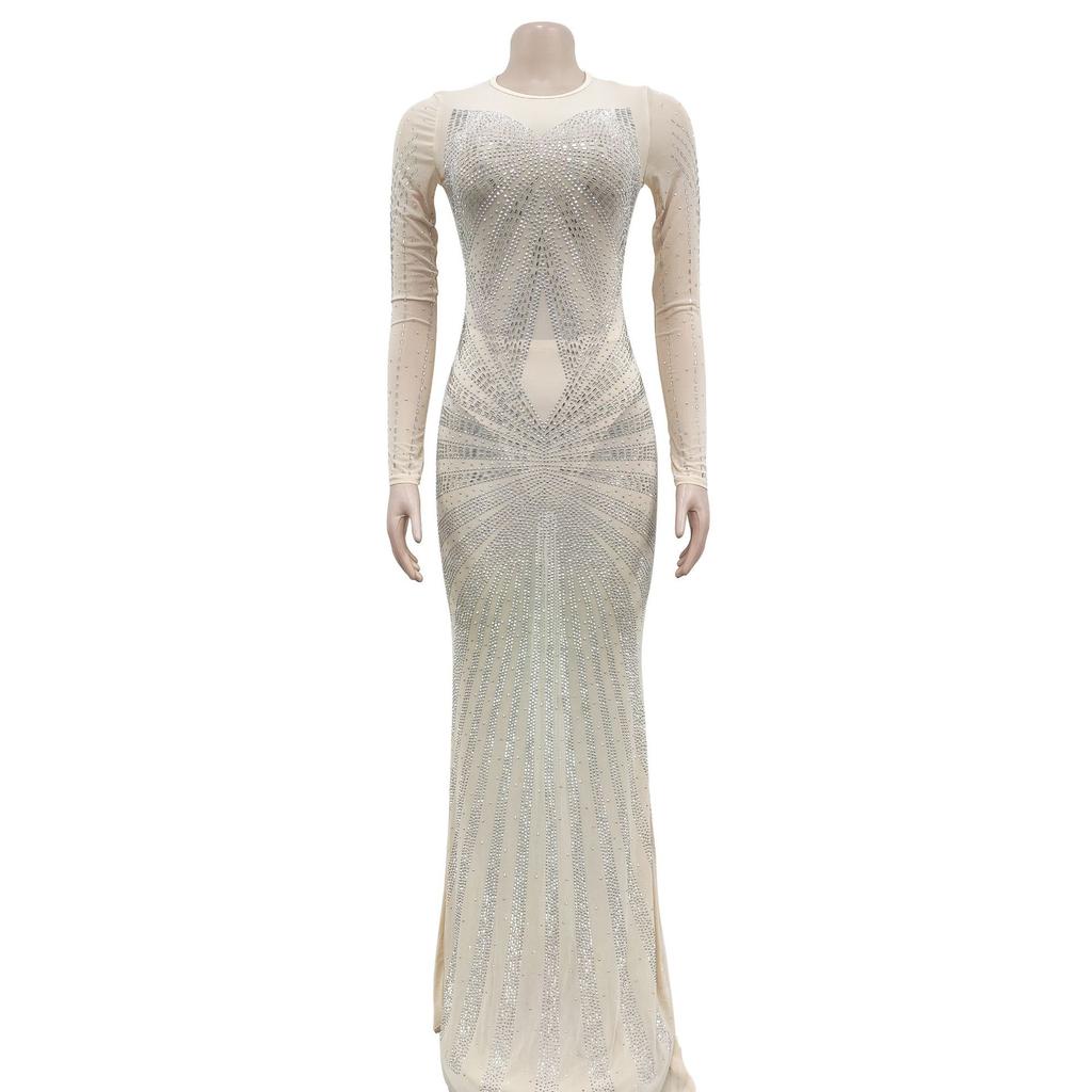 Vestido de noche Vestido largo de manga larga con diamantes de imitación transparentes de malla de color sólido para mujer a la moda