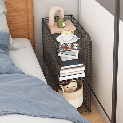 Ultra-Narrow Iron Nightstand Simple Compact Bedside Table Mini Bedroom Storage Rack for Small Apartments