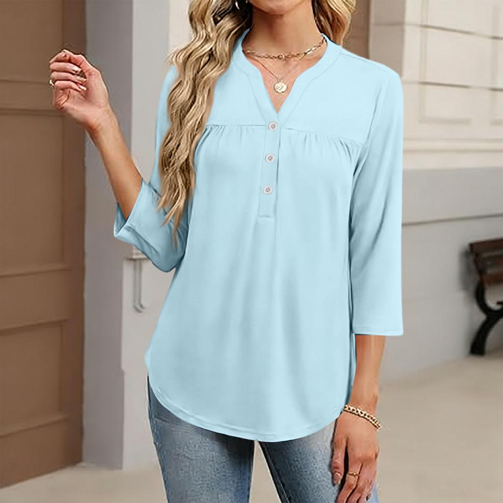 Women's Fashionable Casual Color V-Neck Decorative Button Three-Quarter Sleeve T-Shirt Top
