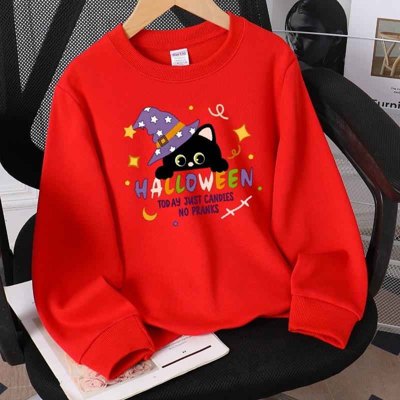 Kids Crewneck Sweatshirt, Halloween Black Cat Witch Hat Candy No Pranks Print, Soft Casual Pullover for Fall