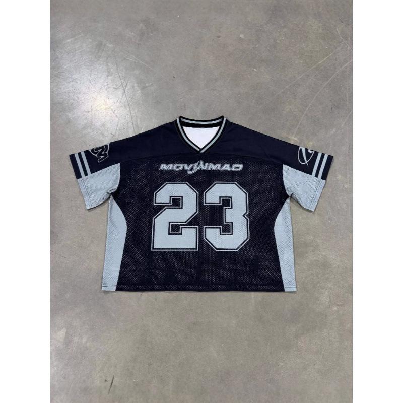 American jersey style T-shirt sports style contrasting color printing digital casual lazy loose T-shirt jersey women S