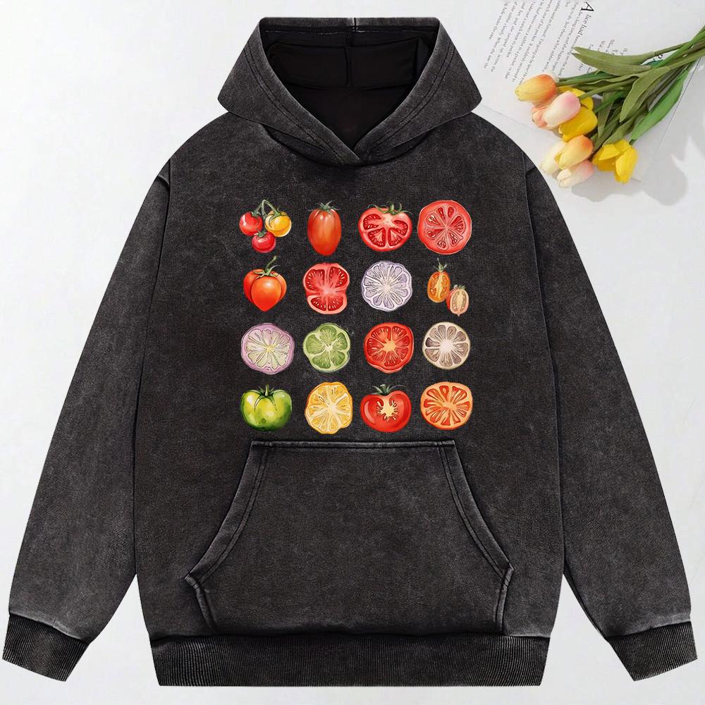 Tomato Variety Collection Chart Print Washed Women Clothes Creativity Cotton Hoodie Pocket Pullover Casual Hoody