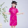 Chinese Style Girls Cheongsam Dress Brocade Summer Retro Button Stand Collar Stage Performance