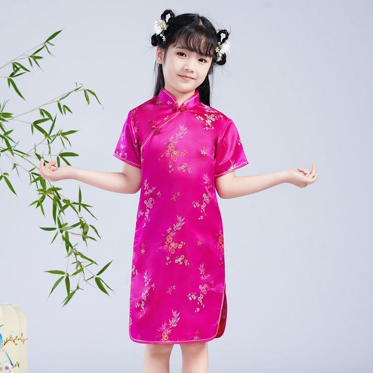 Chinese Style Girls Cheongsam Dress Brocade Summer Retro Button Stand Collar Stage Performance