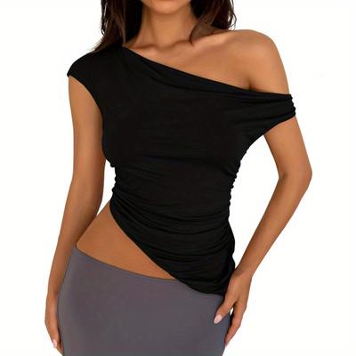 1pc Womens Summer Off The Shoulder Sleeveless One Shoulder Ruched Asymmetrical Y2K Tank Top